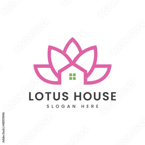 Lotus Flower Floral Petal with House Home Architecture logo design vector. For Real Estate, Hotel, Apartment, Villa, Resort, Salon Business logo design concept