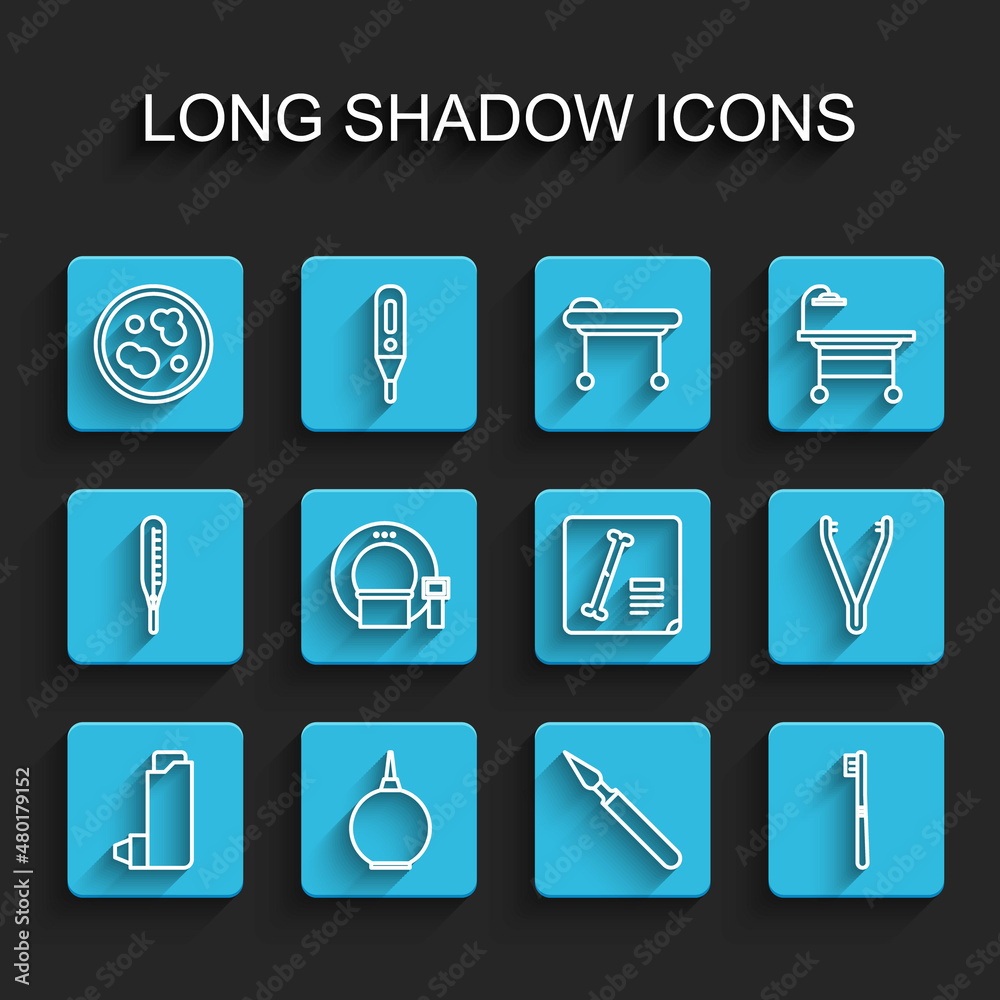 Set line Inhaler, Enema, Petri dish with bacteria, Medical surgery scalpel, Toothbrush, Tomography, tweezers and X-ray shots icon. Vector Set line Inhaler, Enema, Petri dish with bacteria, Medical surgery scalpel, Toothbrush, Tomography, tweezers and X-ray shots icon. Vector
