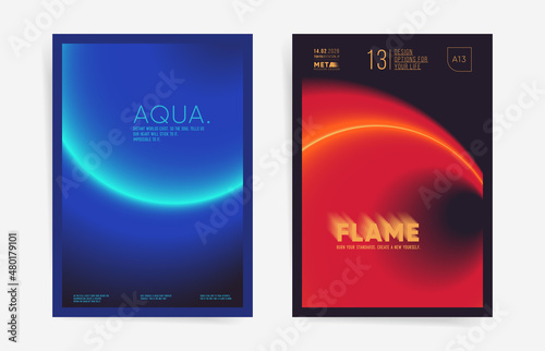 Flame and water elemental art poster cover design collection. Brochure template set layouts with aesthetic neon gradient. Vector geometric space a4 background. blue and red colors.

