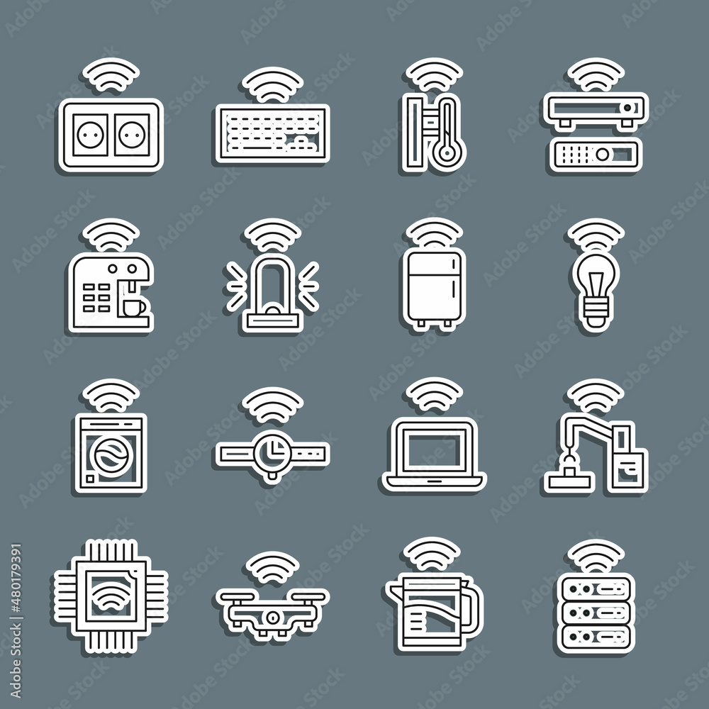 Set line Smart server, Robotic robot arm hand factory, light bulb, thermometer, flasher siren, coffee machine, electrical outlet and refrigerator icon. Vector Set line Smart server, Robotic robot arm hand factory, light bulb, thermometer, flasher siren, coffee machine, electrical outlet and refrigerator icon. Vector