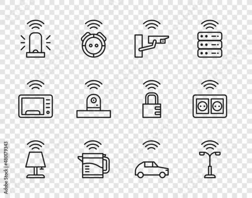 Set line Smart table lamp, street light, security camera, electric kettle, flasher siren, car system with wireless and electrical outlet icon. Vector