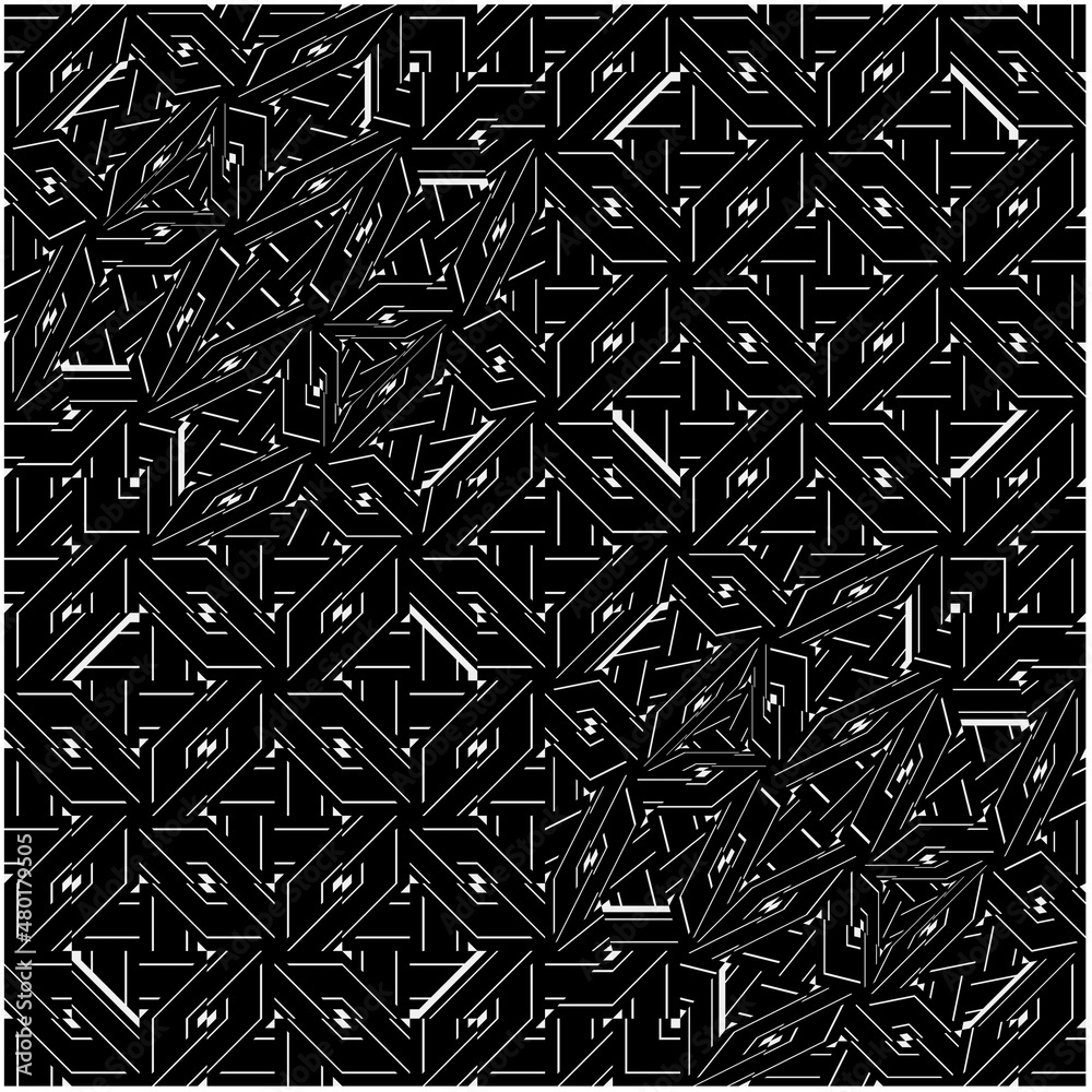
Black and white pattern with symmetrical elements .  Abstract geometric pattern.
Simple monochrome ornamental background. 