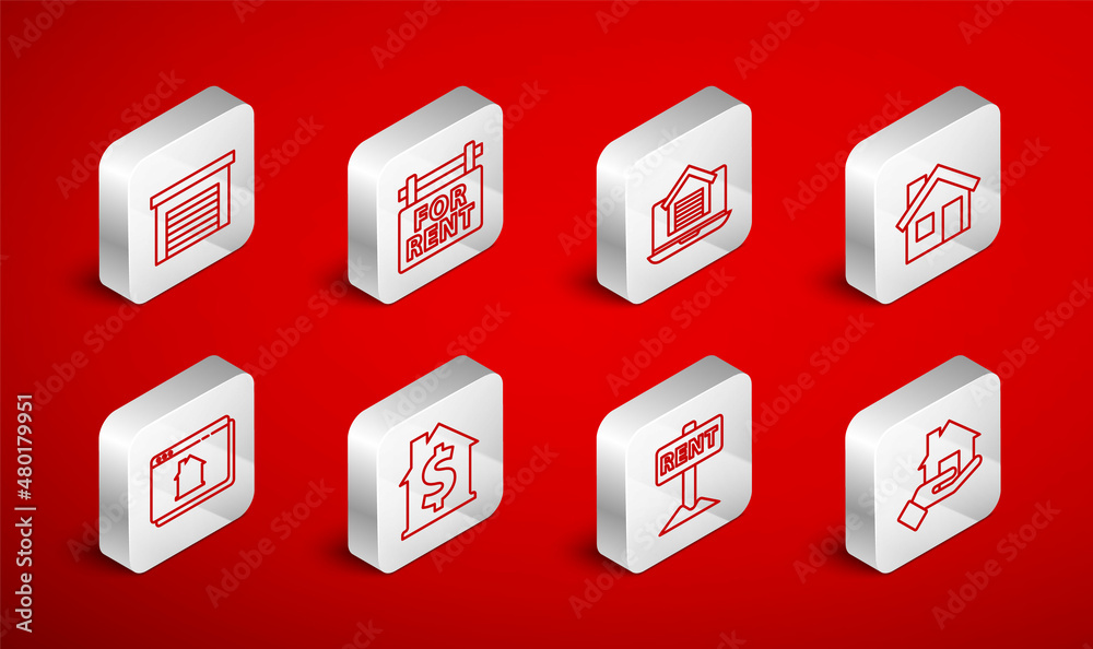 Set line Realtor, Hanging sign with For Rent, Online real estate house, House, Garage, dollar symbol and icon. Vector Set line Realtor, Hanging sign with For Rent, Online real estate house, House, Garage, dollar symbol and icon. Vector