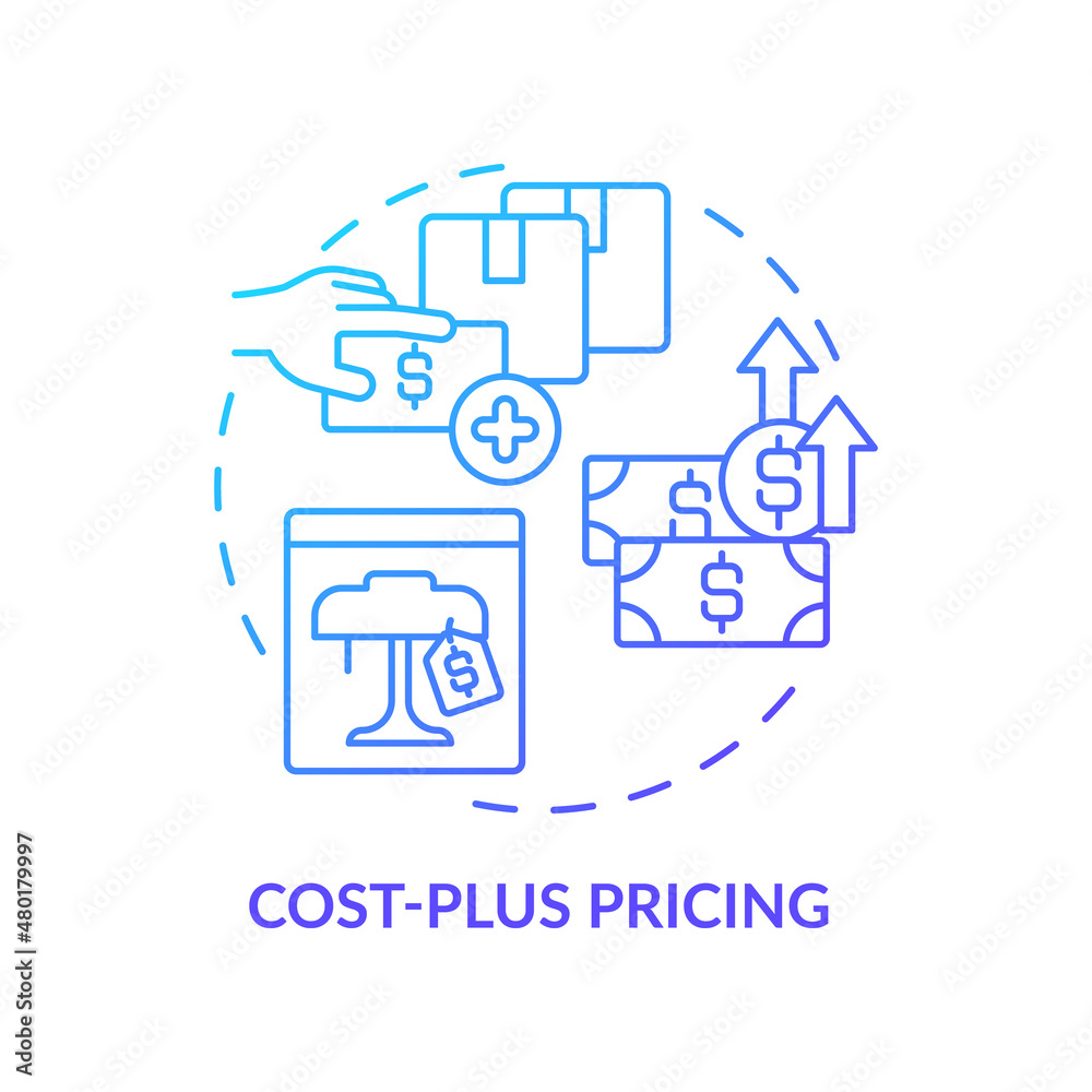 Cost-plus pricing blue gradient concept icon. Price optimization abstract idea thin line illustration. Determining selling price. Isolated outline drawing. Roboto-Medium, Myriad Pro-Bold fonts used Cost-plus pricing blue gradient concept icon. Price optimization abstract idea thin line illustration. Determining selling price. Isolated outline drawing. Roboto-Medium, Myriad Pro-Bold fonts used