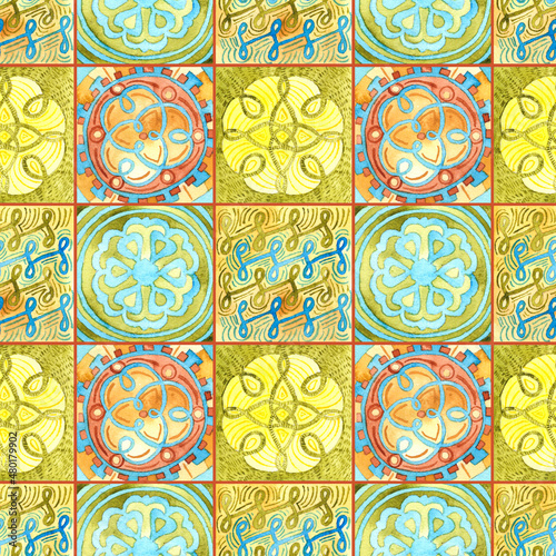 Watercolor seamless pattern of colorful tiles. Square mosaic illustration for home decoration  fabric or packaging.