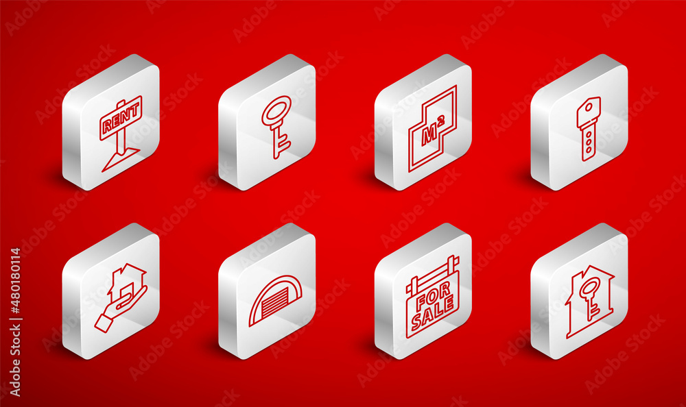 Set line House with key, plan, Hanging sign For Sale, Rent, Garage and Realtor icon. Vector Set line House with key, plan, Hanging sign For Sale, Rent, Garage and Realtor icon. Vector