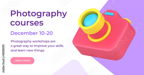 Photography courses advertising landing page with professional photo camera 3d icon web landing page