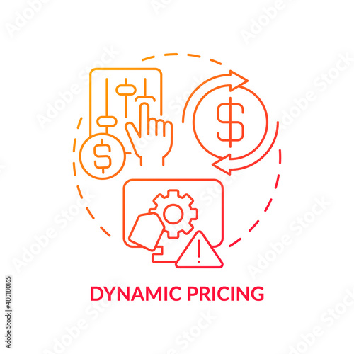 Dynamic pricing red gradient concept icon. Marketing strategy abstract idea thin line illustration. Algorithmic price optimization. Isolated outline drawing. Roboto-Medium, Myriad Pro-Bold fonts used