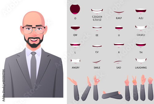 Middle-age Businessman Character Face Animation And Mouth Animation With Different Gesture Sets.