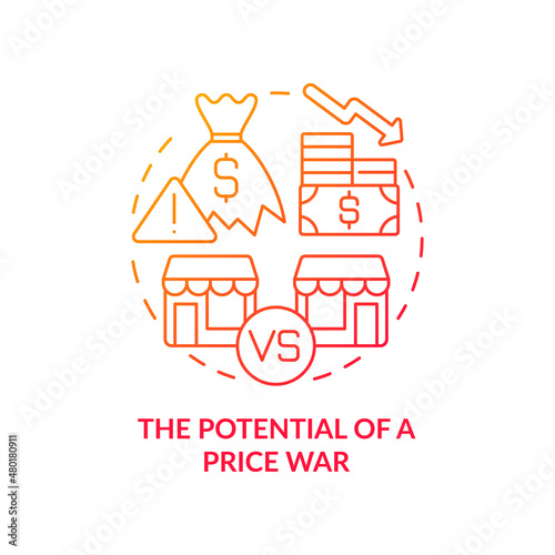 Potential of price war red gradient concept icon. Risk of profits loss abstract idea thin line illustration. Competition. Isolated outline drawing. Roboto-Medium, Myriad Pro-Bold fonts used