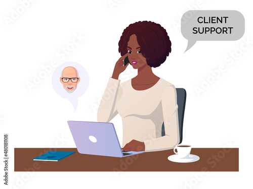 Woman Answering Call and Working on Computer, Illustration Concept For Support, Business and Call Center