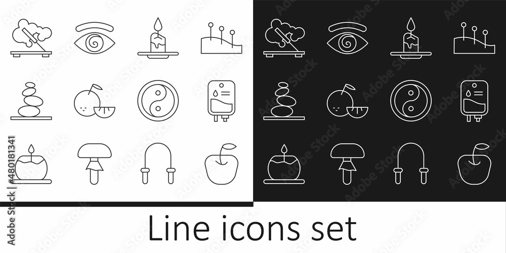 Set line Apple, IV bag, Aroma candle, Citrus fruit, Stack hot stones, Scented spa stick, Yin Yang and Hypnosis icon. Vector