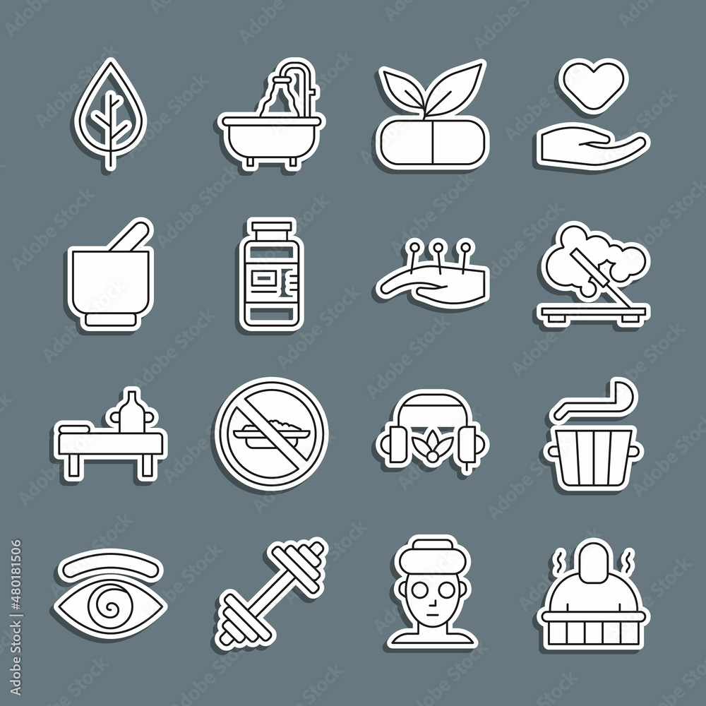 Set line Sauna and spa procedures, bucket ladle, Scented stick, Medical pill with plant, Collagen serum, Mortar pestle, Leaf and Acupuncture therapy icon. Vector Set line Sauna and spa procedures, bucket ladle, Scented stick, Medical pill with plant, Collagen serum, Mortar pestle, Leaf and Acupuncture therapy icon. Vector