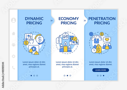 General pricing strategies blue and white onboarding template. Economy approach. Responsive mobile website with linear concept icons. Web page walkthrough 3 step screens. Lato-Bold, Regular fonts used
