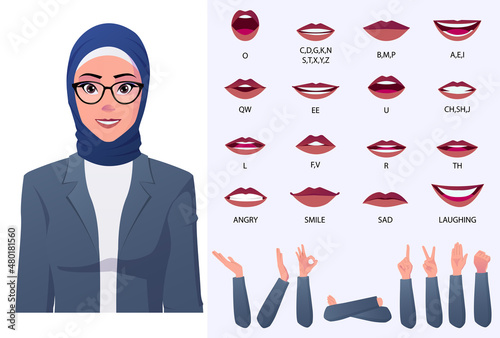 Muslim Business Woman Mouth Animation, Lip-sync, emotions, and Hand Gestures Premium Vecor