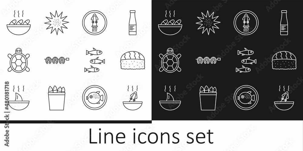 Set line Soup with octopus, Sushi, Octopus on a plate, Grilled fish steak, Turtle, Fish soup, Fishes and Sea urchin icon. Vector