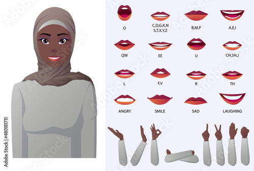 Black Muslim Woman Character Mouth Animation, Lip Syncing and Different Hand Gestures