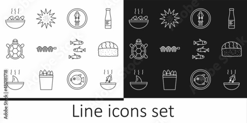 Set line Soup with octopus, Sushi, Octopus on a plate, Grilled fish steak, Turtle, Fish soup, Fishes and Sea urchin icon. Vector