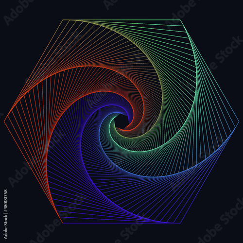 Rounded Hexagonal vortex line art style. Centered moving spiral lines. Neon effects background.