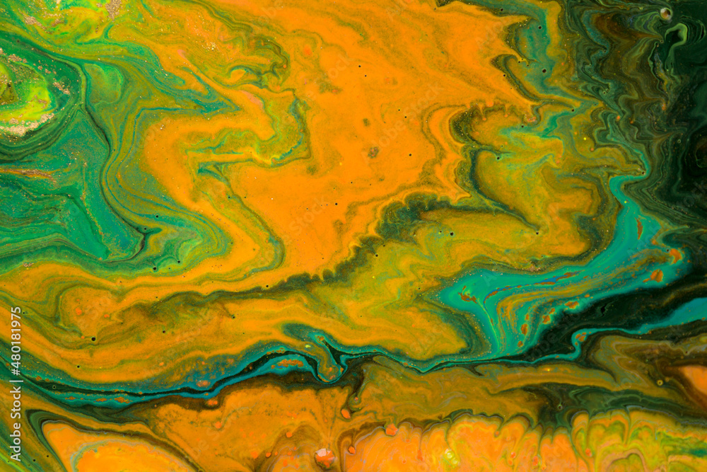 Abstract fluorescent ink mix with gold dust.