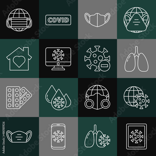 Set line Virus statistics on monitor, Earth globe with virus, Lungs, Medical protective mask, House heart inside, medical and Negative icon. Vector