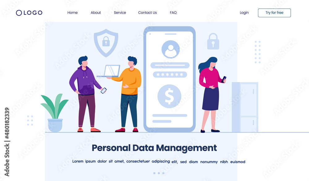 personal data management. business planning concept landing page website illustration flat vector template background personal data management. business planning concept landing page website illustration flat vector template background