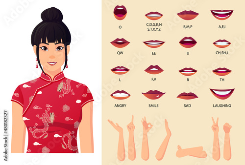 Chinese Woman wearing Red Cheongsam Character Lip Animation, Hand Gestures And Face Expressions