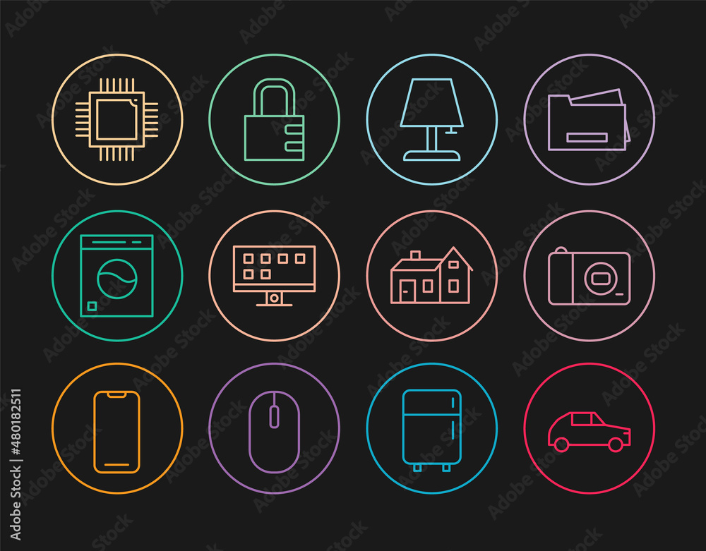 Set line Car, Photo camera, Table lamp, Smart Tv, Washer, Processor with microcircuits CPU, House and Safe combination lock icon. Vector Set line Car, Photo camera, Table lamp, Smart Tv, Washer, Processor with microcircuits CPU, House and Safe combination lock icon. Vector