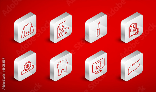 Set line Toothpaste, Dental card, explorer scaler, clinic location, Broken tooth and Otolaryngological head reflector icon. Vector