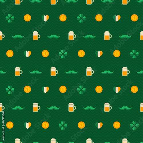Patrick's Day seamless pattern with traditional symbols. Vector illustration. Green clover, coins, Irish beer.