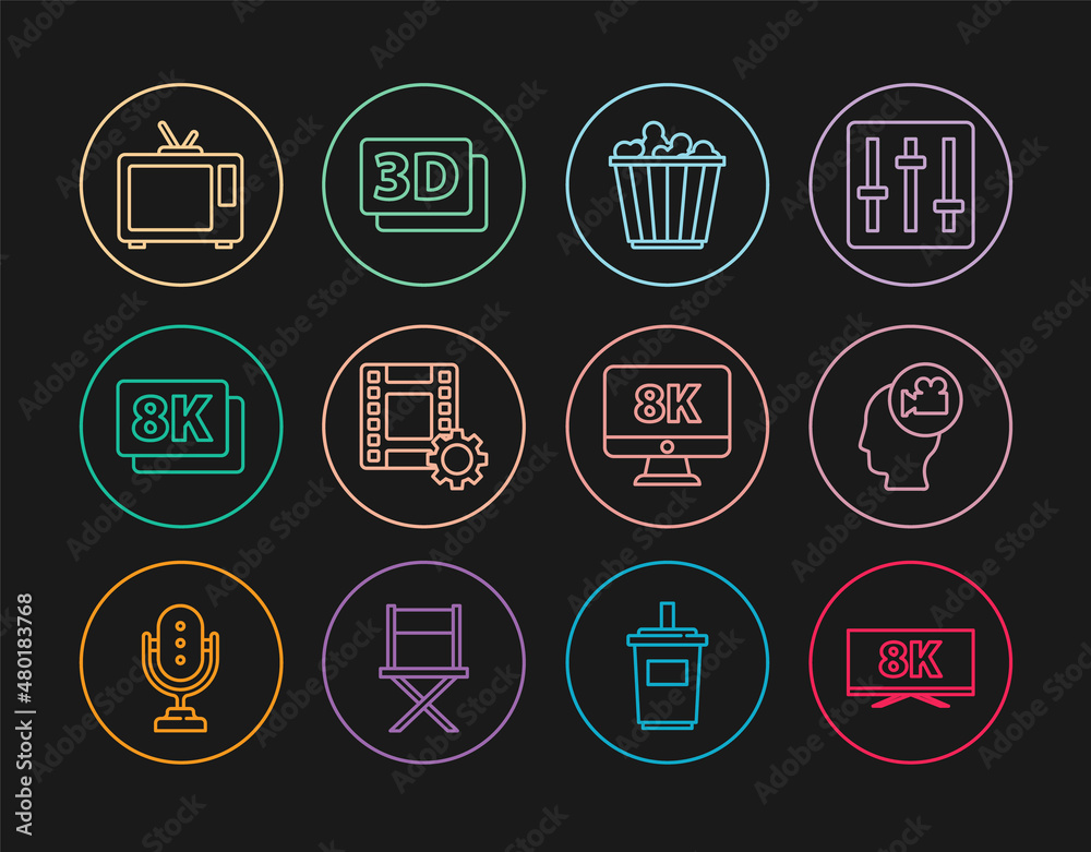 Set line Screen tv with 8k, Head camera, Popcorn in box, Play Video, Ultra HD, Retro, Monitor and 3D word icon. Vector Set line Screen tv with 8k, Head camera, Popcorn in box, Play Video, Ultra HD, Retro, Monitor and 3D word icon. Vector