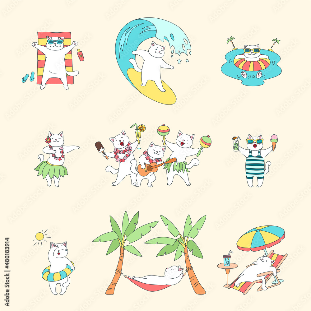 Collection of cute kittens on summer vacation. Illustrations of funny white cats enjoying the sea. Vector 10 EPS. Collection of cute kittens on summer vacation. Illustrations of funny white cats enjoying the sea. Vector 10 EPS.