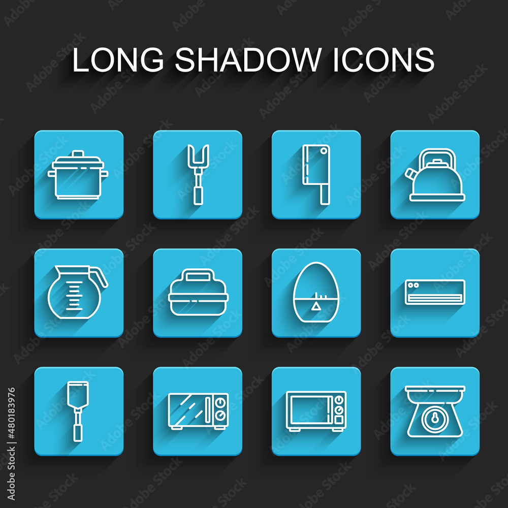 Set line Spatula, Microwave oven, Cooking pot, Scales, Air conditioner and Kitchen timer icon. Vector Set line Spatula, Microwave oven, Cooking pot, Scales, Air conditioner and Kitchen timer icon. Vector