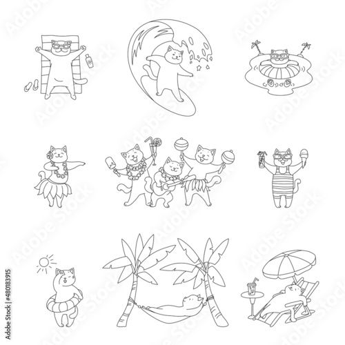 Collection of cute kittens on summer vacation. Illustrations of funny white cats enjoying the sea. Vector 10 EPS.