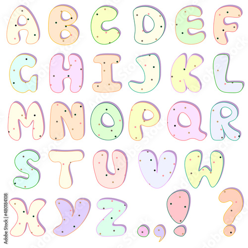 English alphabet with a pattern of small polka dots. Bright, calm design for children, school, learning
