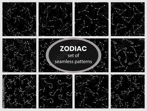 A set of seamless patterns with zodiac signs, constellations. Twelve patterns for decoration, wallpaper, posters, packaging, advertising	