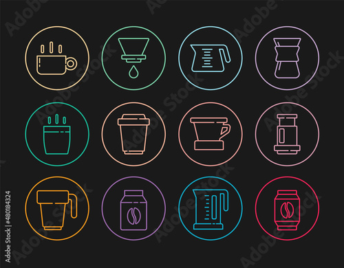 Set line Bag of coffee beans, Aeropress, Coffee pot, cup to go, V60 maker and icon. Vector