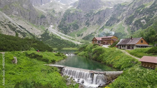 Aerial view of the lake Zelene pleso in the High Tatras in Slovakia