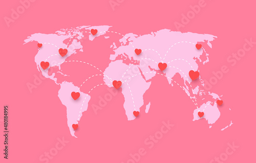 hearts world map in Valentine's Day. love around the world. vector illustration in flat style modern design. Romance and online dating.