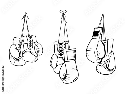Set of boxing gloves. Collection of protective equipment for training. Boxer sportswear for punch workout. Vector illustration of of box fist fight. © panaceaart
