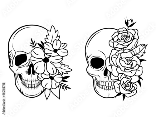 Set of skulls with flowers. Collection of human skull portrait with floral wreath. Vector illustration isolated on white background.