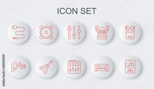 Set line MP3 file document, Ear listen sound signal, Music equalizer, synthesizer, Audio jack, Stereo speaker, Electric bass guitar and Sound mixer controller icon. Vector