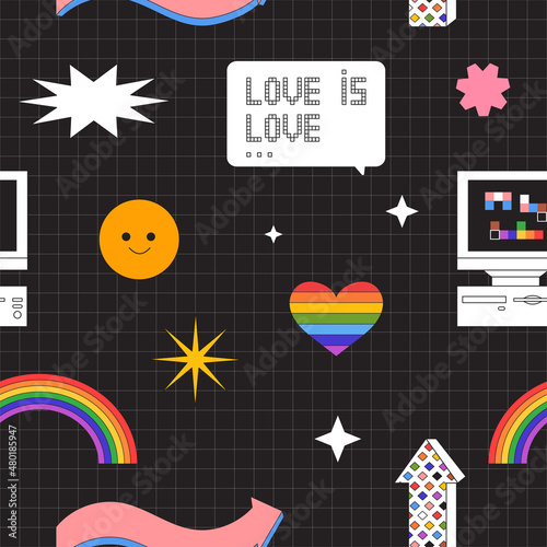 Lgbt pride month or lgbtq social issues event creative background seamless pattern for banner, print, poster, placard, social media advertisement, invitation, greeting or website in trendy 90s style.