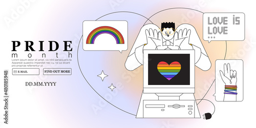Man see lgbtq pride month announcement on computer screen and is exited. Lgbt rights or social issues event celebration creative banner, poster, social media advertisement or web landing page.