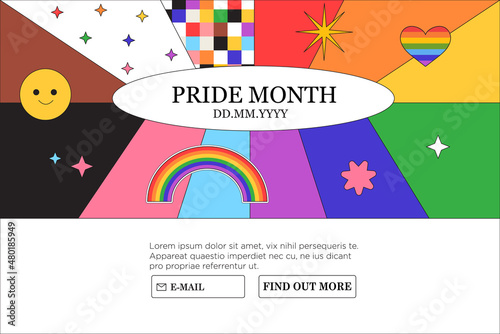 Lgbt rights or social issues event celebration creative banner, poster, placard, social media advertisement, invitation, greeting or web landing page in trendy 90s style with rainbow and heart.