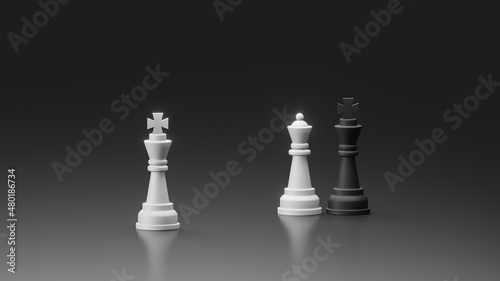 Standing white king in front of white queen and black king couple with dark background. 3D illustration of women affair in chess with copy space
