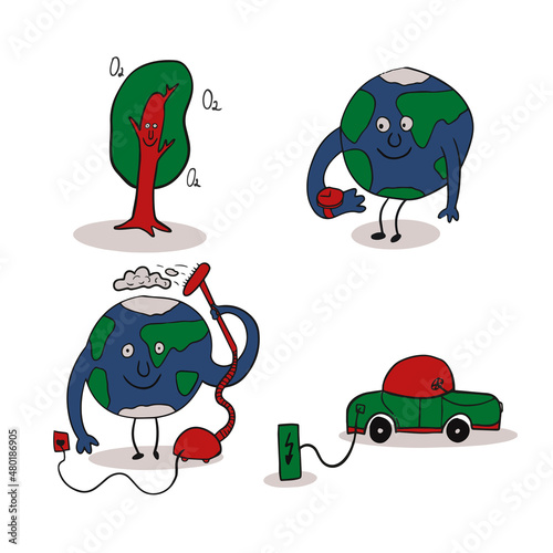 Set of Cartoon Pictures for Earth Day in Doodle Style