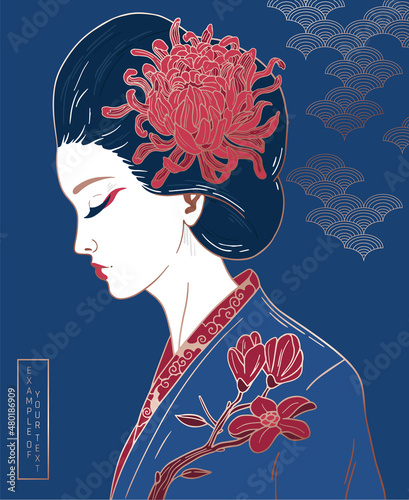 portrait of female profile in tradition east clothes with flower
