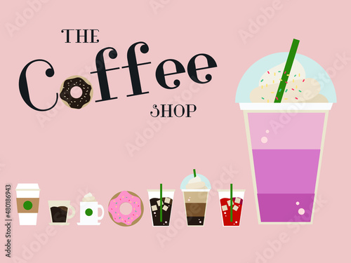 Set of coffee types and packages. Coffee menu vector illustration. Collection of glasses with cappuccino, latte, espresso, americano, mocha, frappuccino. Take away. Vector of coffee shop concept.