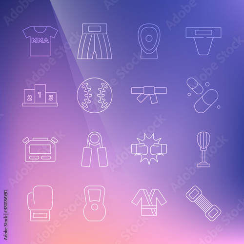 Set line Chest expander, Punching bag, Vitamin pill, Boxing training paws, Baseball ball, Award over sports winner podium, T-shirt with fight club MMA and Black karate belt icon. Vector